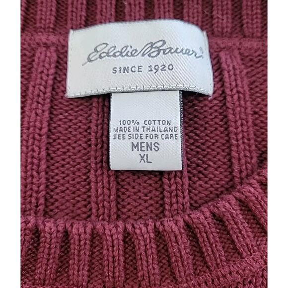VTG Eddie Bauer Men’s Heritage Fisherman Knit Sweater XL Burgundy Crew Pullover - Picture 6 of 9